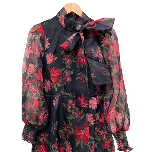 RACHEL PARCELL Floral Tie Neck Long Sleeve Satin Dress (10) - Picture 3 of 9